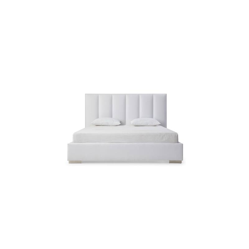 Queen Velvet Bed - Antique Ambiance, White Linen Blend Fabric, Stainless Steel Legs, Modern Design