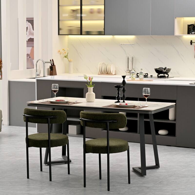 Dining Chairs, Green Curved Backrest Chairs Set of 2, Round Upholstered Kitchen Chairs with Black Metal Spray-painted Legs