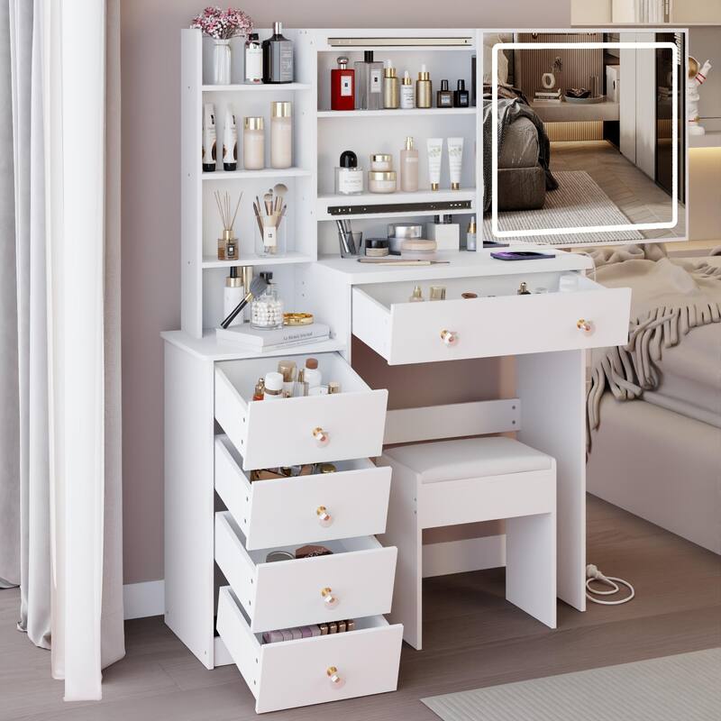 Vanity Table with Control LED Sliding Mirror, Dressing Table Set with USB Power Station, Makeup Stool with Hair Dryer Stand
