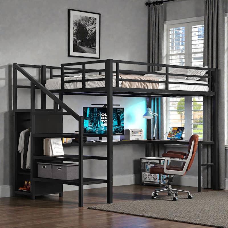 Full Size Metal Loft Bed with L-Shaped Desk, Wardrobe, USB & LED, High Loft Bed with Storage Staircase for Kids Teens Adults - Black - Full