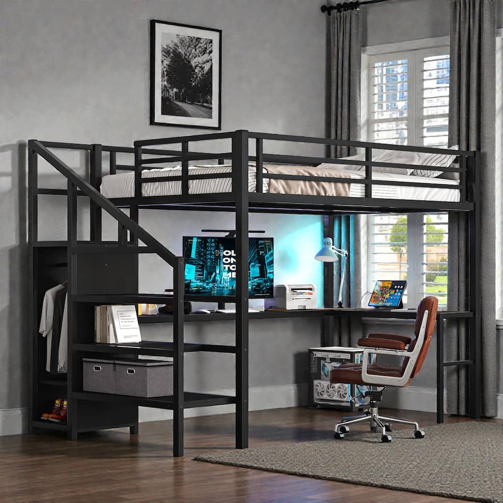 Full Size Metal Loft Bed with L-Shaped Desk, Wardrobe, USB & LED, High Loft Bed with Storage Staircase for Kids Teens Adults