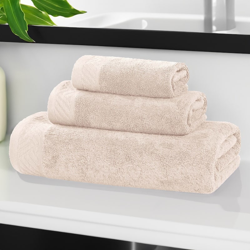 Superior Basketweave Egyptian Cotton Solid 3 Piece Assorted Towel Set - Ivory