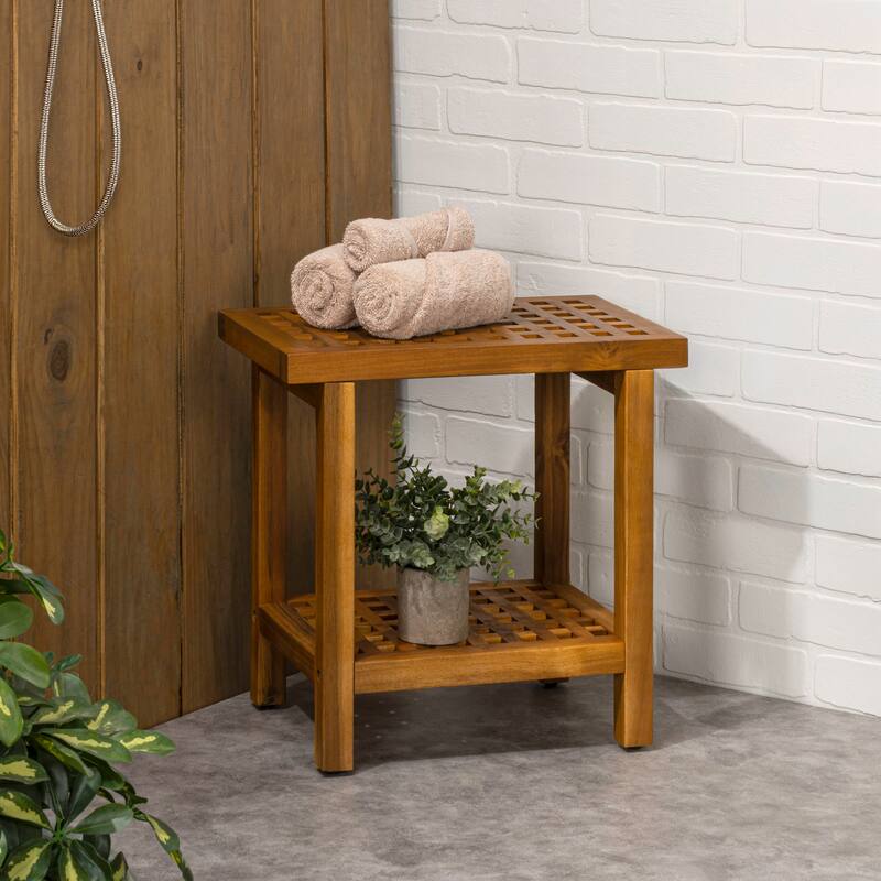 Armin 18.1" Classic Grid Slat Solid Acacia Wood Indoor/Outdoor Shower Stool, By JONATHAN Y - 18.1L x 11.81W x 17.72H