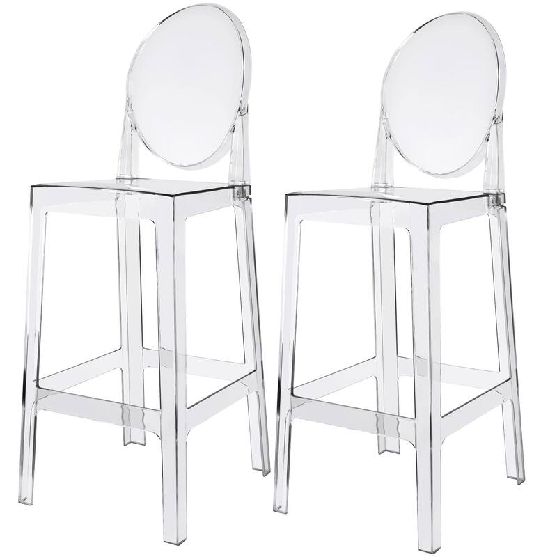 Smoke 25" Counter Height Bar Stools with Back – Stackable Transparent Plastic Chairs for Kitchen, Bar, or Outdoor – Set of 2 - Clear