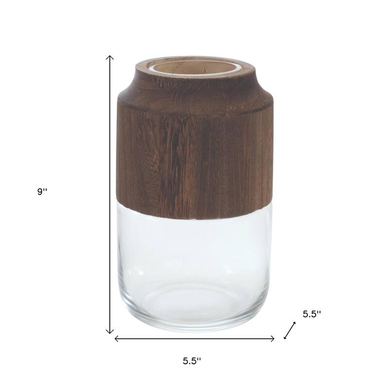 9" Brown And Clear Glass Round Table Vase With Wood - 5.50