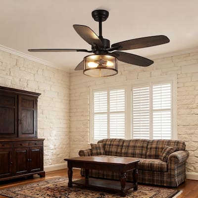 56 Inch Ceiling Fan with Caged Light and Plywood Blades for Farmhouse Living Room Bedroom