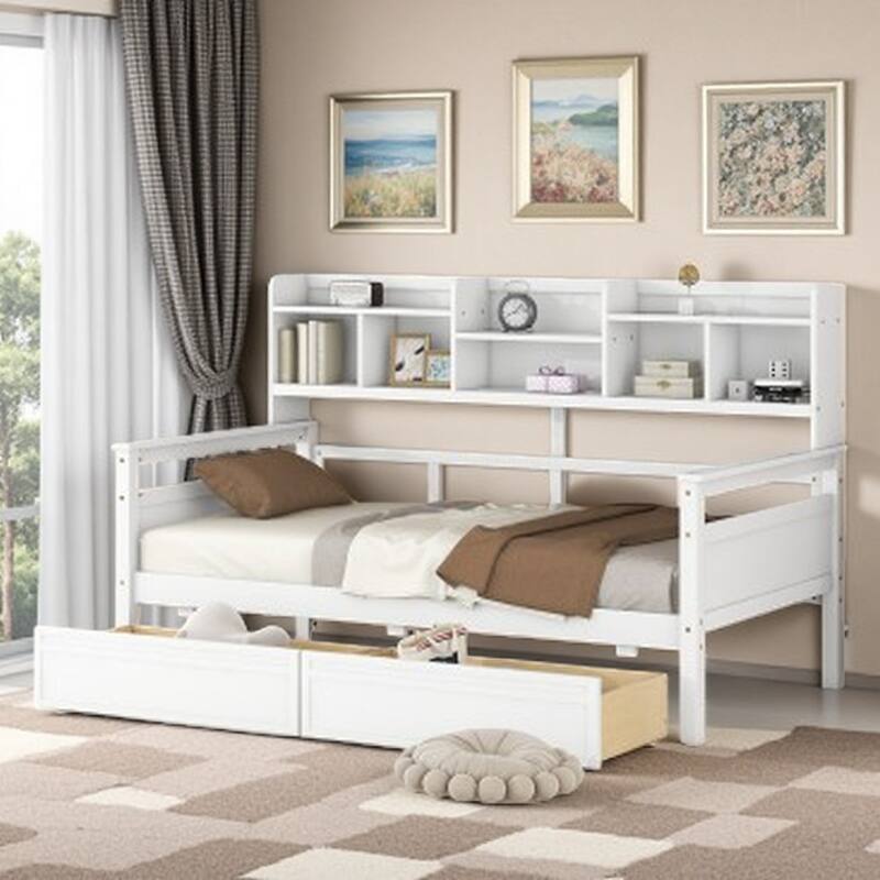 Full Size Wooden Daybed with Storage Drawers and Bedside Shelf, Slatted Support Frame for Bedroom or Living Room - White - Twin