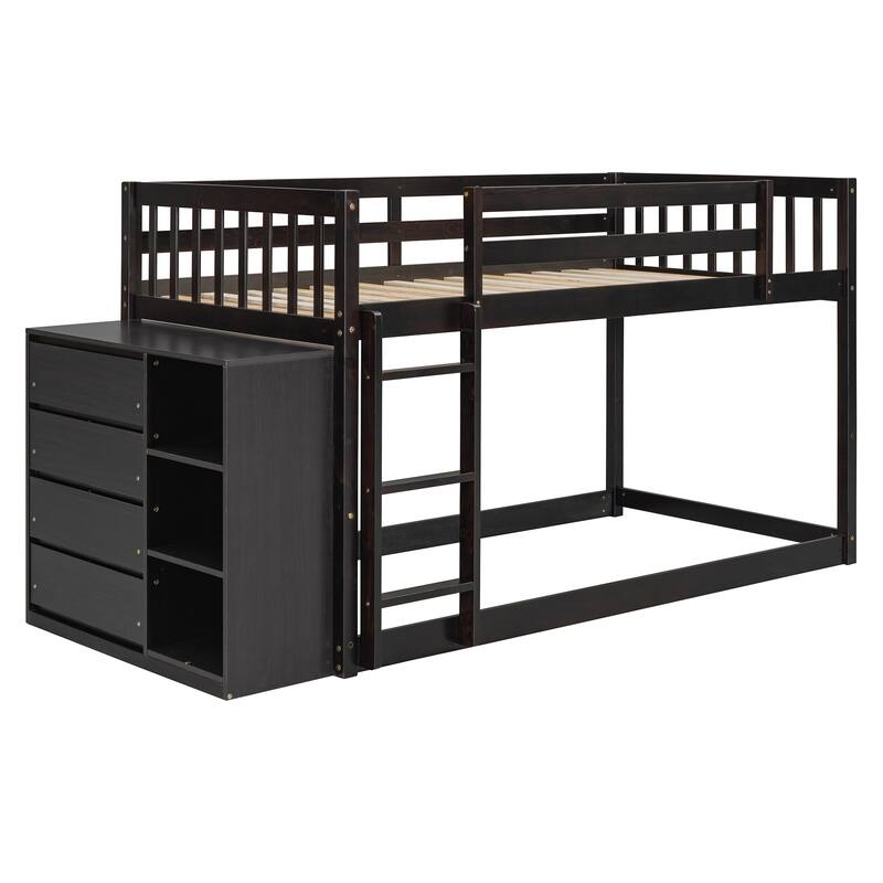 Twin Over Twin Size Bunk Platform Bed Frame with 4 Storage Drawers and 3 Shelves, Solid Wood, Space-Saving Design for Bedroom
