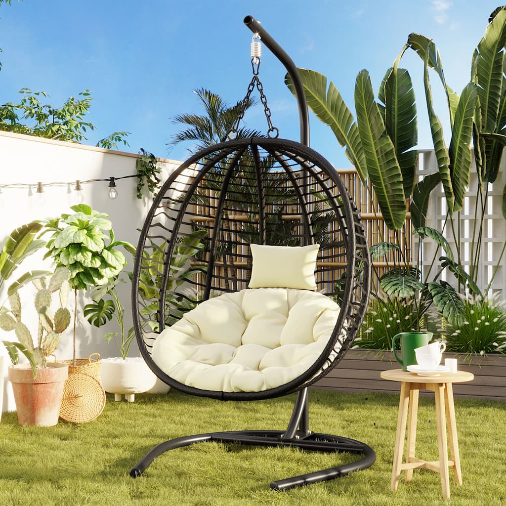 Roomfitters Single Person Folding Egg Chair with Stand, UV Resistant Wicker Rattan Swing for Patio, Garden