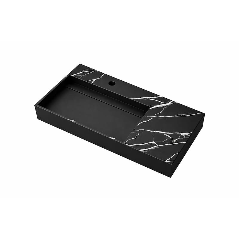 Juniper Stone Solid Surface Wall-Mounted Vessel Sink - 36" Left Basin - Black Marble