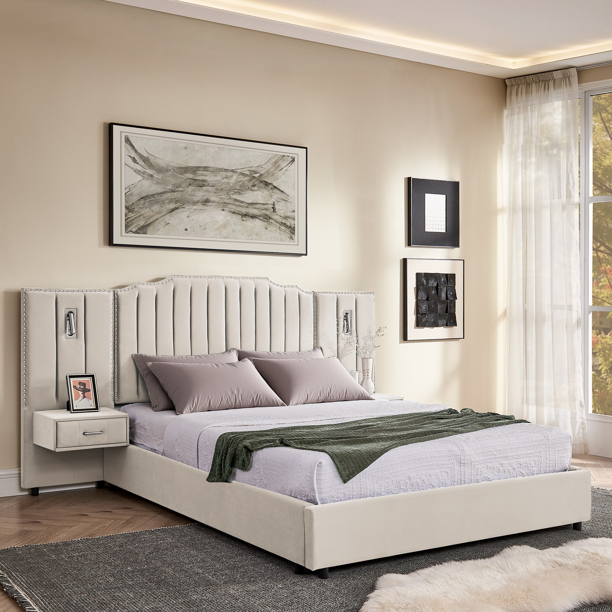 Velvet Upholstered Platform Bed with Headboard