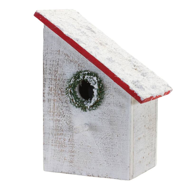 Flocked Wood Birdhouse with Wreath Accent Christmas Decorations - 10" - Set of 4