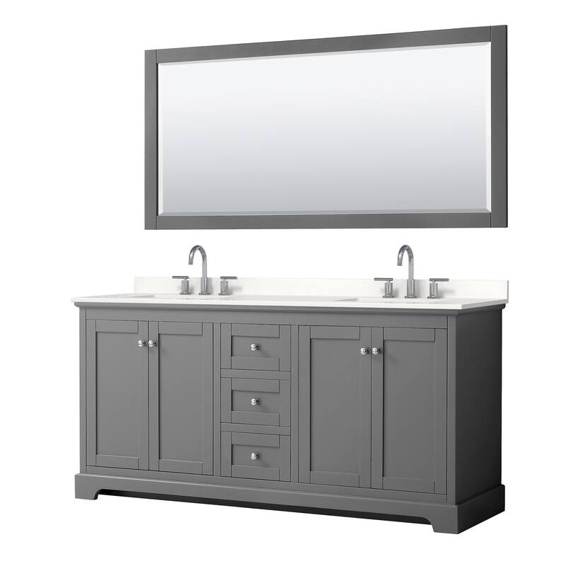 Avery 72-inch Double Vanity, Quartz Top, 70-inch Mirror - Dark Gray, Chrome Trim, White Quartz Top