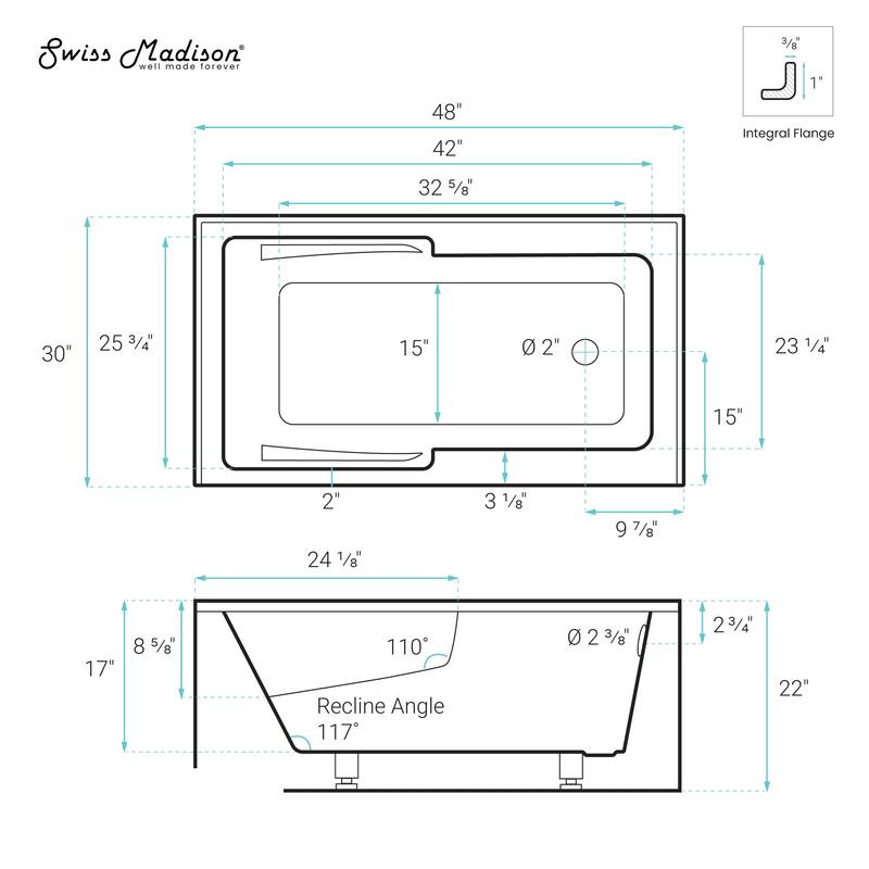 Lausanne 48 X 30" Right-Hand Drain Alcove Integrated Armrest Bathtub With Apron - 30x48 Right