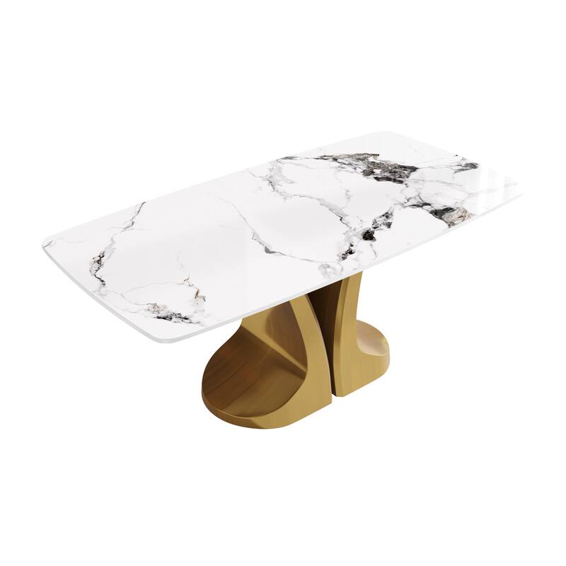 70-Inch Rectangle Marble Dining Table, Modern Sintered Stone Kitchen Dinner Table with Gold Finish Metal Base for 6-8