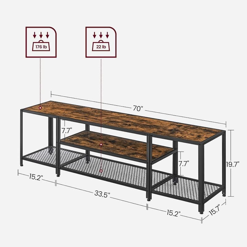 Rustic Brown and Black Industrial TV Stand for TVs up to 75 Inches with Steel Frame and Storage Shelves