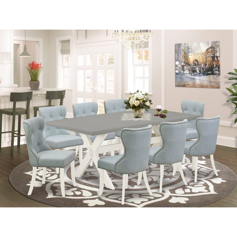East West Furniture Kitchen Table Set- a Dining Table & Baby Blue Linen Fabric Parsons Chairs, Linen White(Pieces Options) - X097SI215-9
