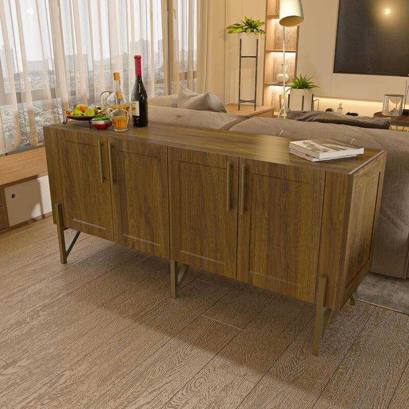 Roomfitters Walnut Finish Mid-century TV Stand Media Console, TV unit Sideboard with Gold Metal Legs - W59"xL17.71"xH27.55"