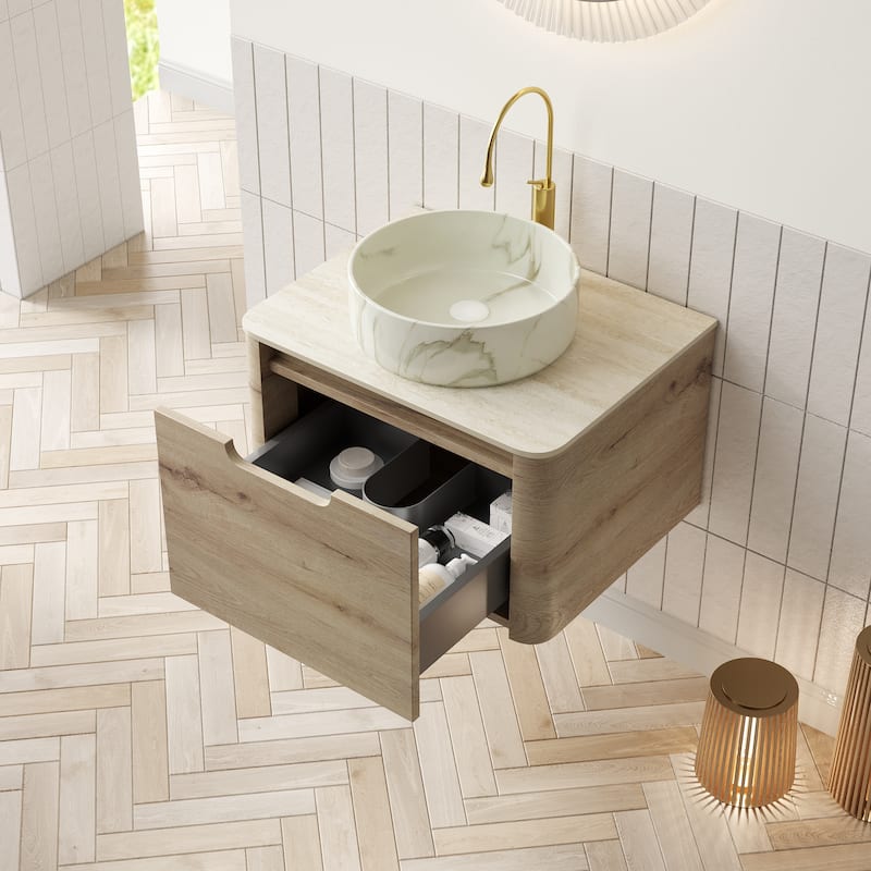 Floating Bathroom Vanity with Round Sink, Wall-Mounted Bathroom Storage Cabinet with Roma Travertine-Pattern Sintered Stone Top