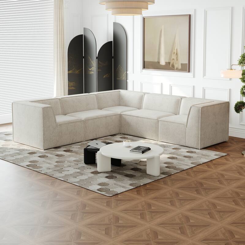 L Shape Sectional Sofa 5pc Loveseat Sofa Chenille Modular Sleep Couch Bed for Livingroom Recliner Sofa Floor Upholstered Daybed