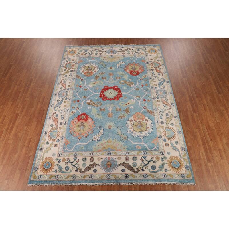 Light Blue & Ivory Floral Oushak Indian Rug Hand-Knotted Wool Carpet - 8'8"x 11'9"