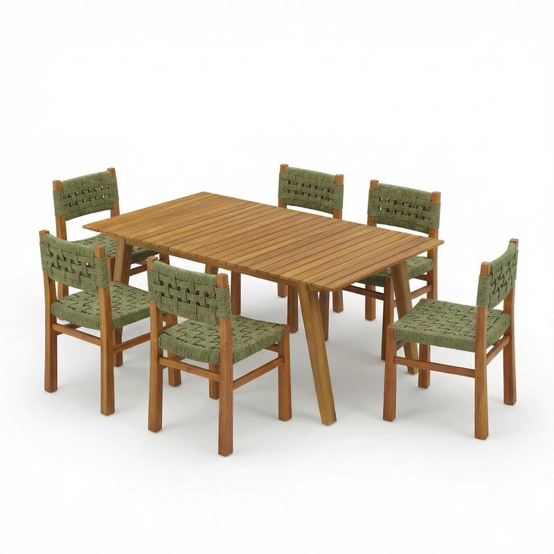 Christopher Knight Home - Orelia 7-Piece Outdoor Acacia Wood Dining Set with Woven Wicker Chairs & 68.5" Rectangular Slat Table