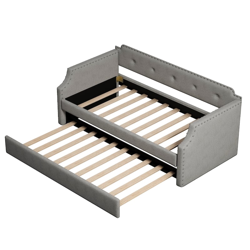 Upholstered Daybed With Trundle, Wood Slat Support,Upholstered Frame Sofa Bed