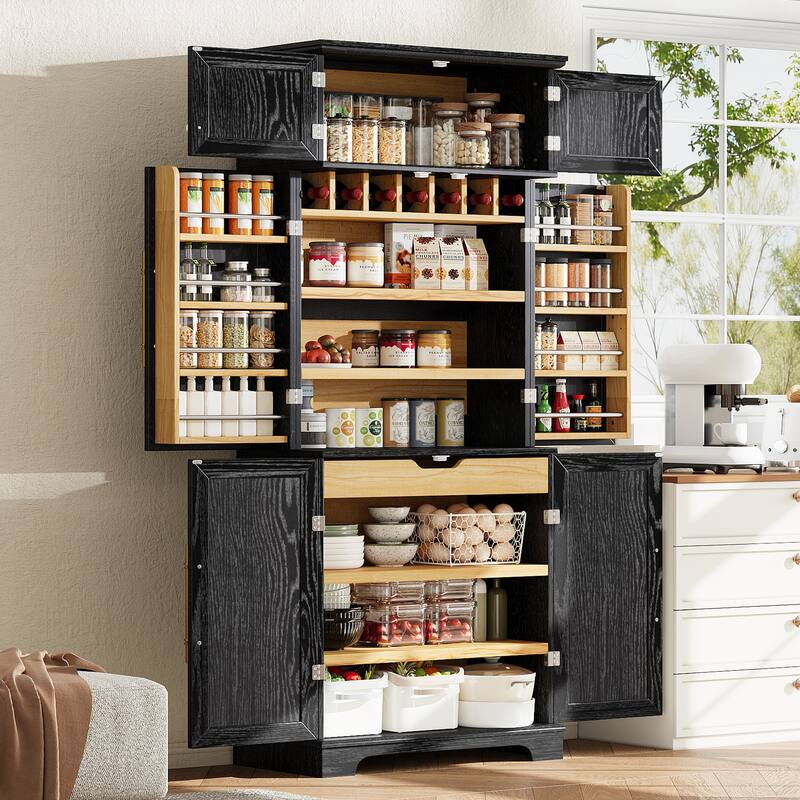 78.2" Kitchen Pantry Cabinet, Farmhouse Storage Cupboard with 8 Door Shelves, 4 Adjustable Shelves, Hidden Drawer & Wine Rack