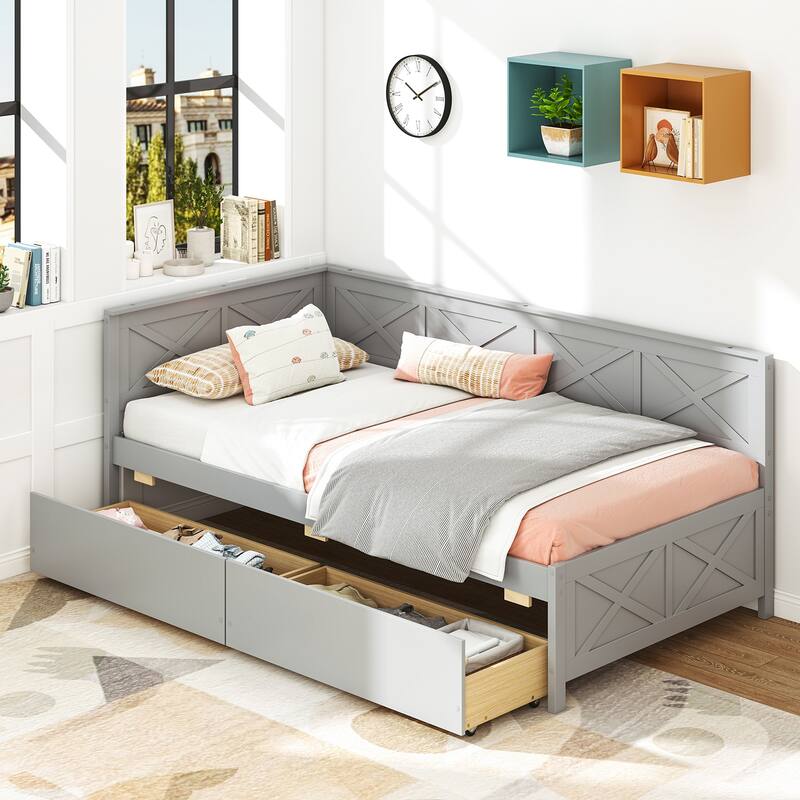 Twin Size Wooden Corner Sofa Daybed Frame with 2 Storage Drawers and Slats for Kids or Guest Bedroom - Grey