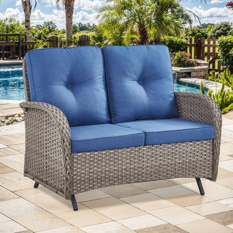 2 Seater Wicker Sofa Outdoor Glider Sofa - Blue - Grey