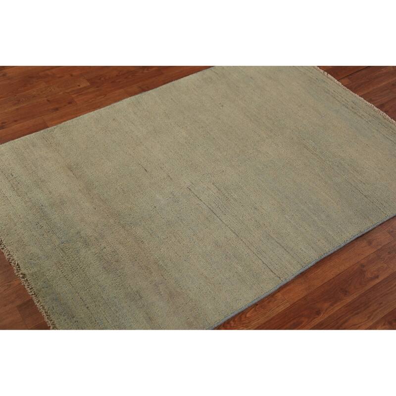 Solid Gabbeh Oriental Rug Handmade Solid Green Wool Carpet - 3'4" x 4'10"