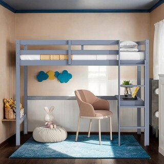 Wood Loft Bed with Safety Guardrail, Built-in Desk, Ladder, Grey