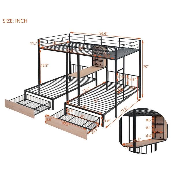 dimension image slide 1 of 2, Full Over Twin & Twin Triple Bunk Bed with Drawers, Multi-Functional Metal Frame Bed with Desks and Shelves in the Middle