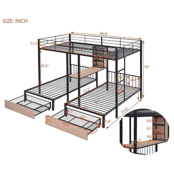 dimension image slide 1 of 2, Metal Full Over Twin-Twin Triple Bunk Bed w/ Drawers & Desk Unisex
