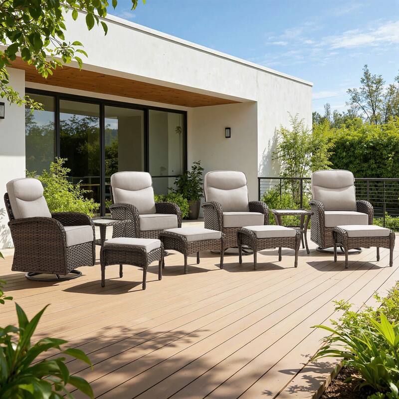 Meyreso 10-Piece Wicker Patio Swivel Glider Set with 6-Inch Thick Cushions and Ottomans