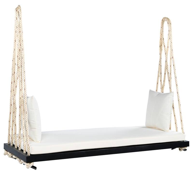 Porch Wooden Swing Chair with Hemp Ropes, Patio Hanging Swing Bench with Cushion & 2 Pillows