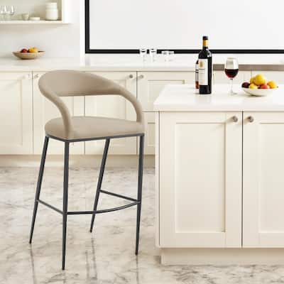 HomeRoots 30" Beige and Black Faux Leather and Iron Low Back Bar Height Bar Chair