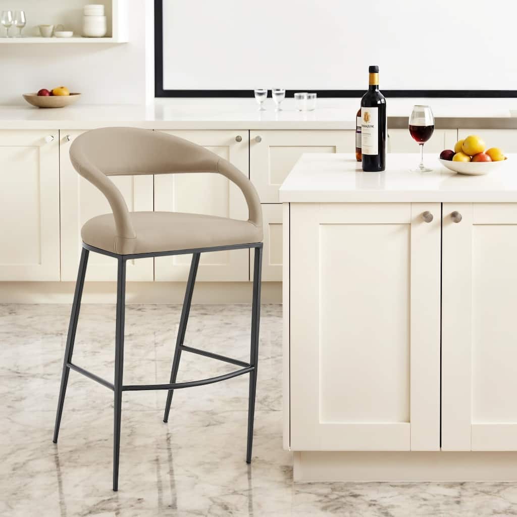 HomeRoots 30" Beige and Black Faux Leather and Iron Low Back Bar Height Bar Chair