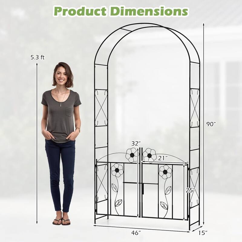 90" Sturdy Metal Garden Arch 2 in 1 Garden Arbor Entry Arbor w/Gate