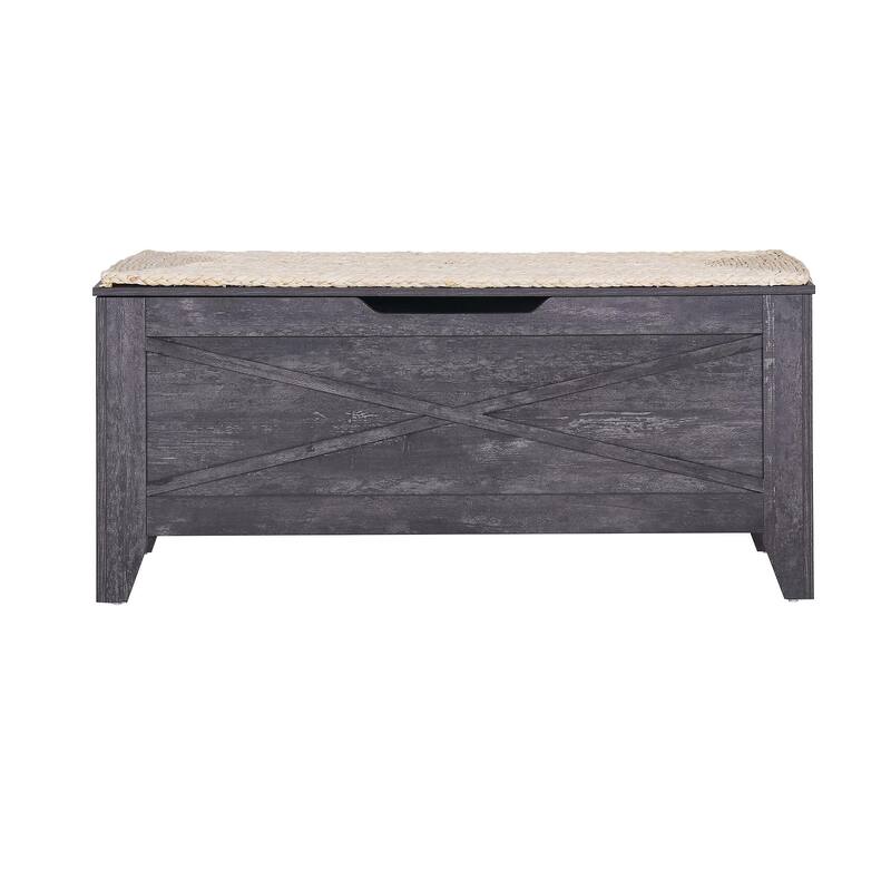 Storage Wooden Ottoman, Flip Top Ottoman Bench with Hand Weave Poufs Padded, Bed End Stool, Foot Rest for Living Room/Entryway
