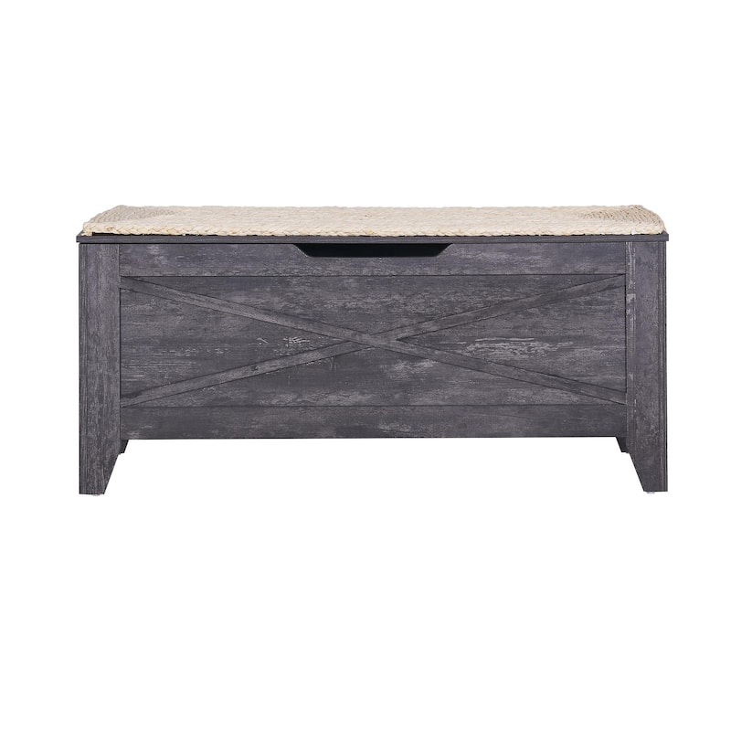 VECELO Storage Bench, Wooden Chest for Storage with Wicker Mat Safety Hinges Entryway Shoe Bench Storage Trunk(Set of 2)