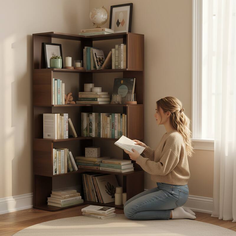 66" Tall 6-Tier Corner Bookshelf - L-Shaped Wooden Bookcase with Baffle, Freestanding Display Shelf for Living Room, Home Office