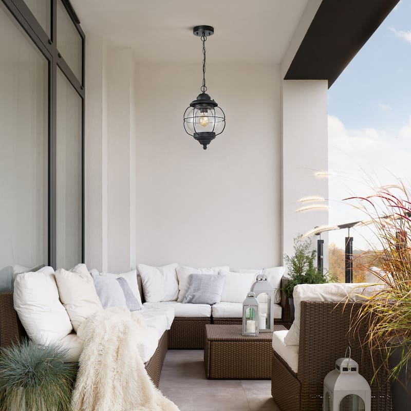 Modern Farmhouse Black 1-Light Outdoor Pendant Light Glass Patio Lantern Lamp - D10" X H12"