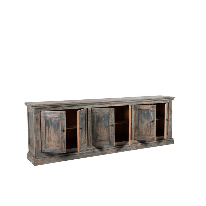 Miy Sideboard Buffet Cabinet, 6 Door, Antique Blue Pine Wood 106 Inch
