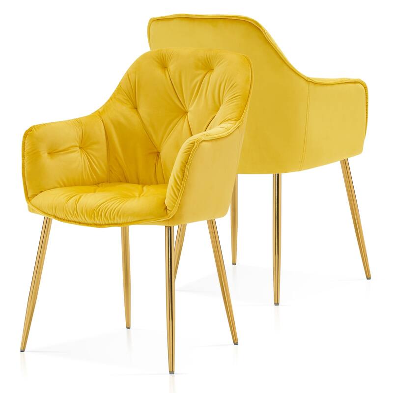 ivinta Tufted Dining Chairs Set of 2, Velvet Arm Chair, Accent Chair with Solid Gold Plated Legs And Padded Seat - Yellow