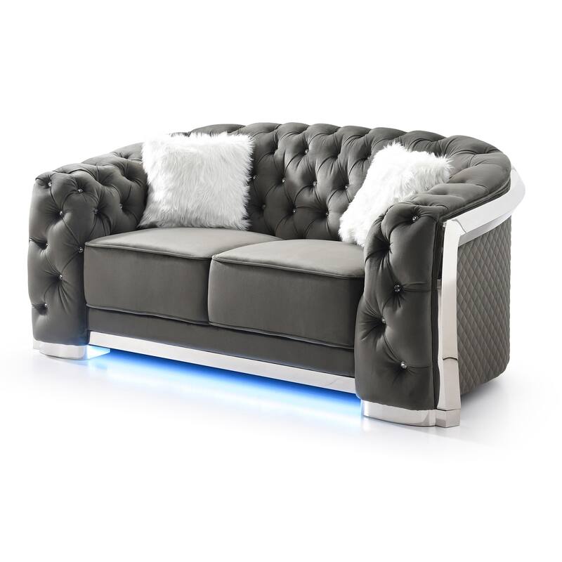 Button Tufted Flared Arm Velvet Straight Sofa with LED Lights - 71" - Gray