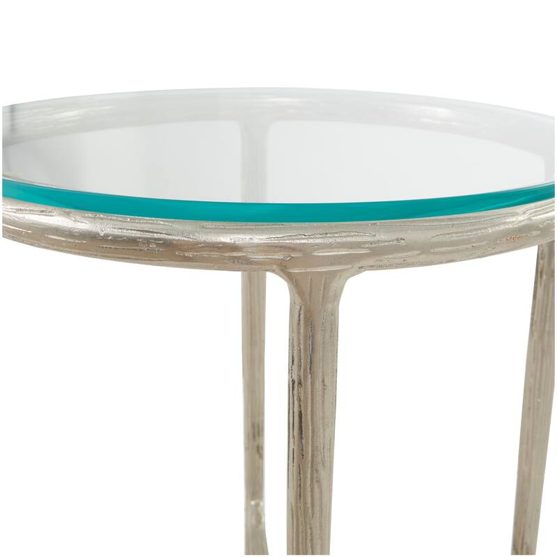 Gold or Silver Aluminum Metal Textured Accent Table with Glass Tabletop