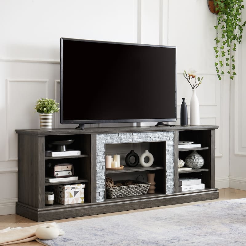 Large Storage TV Stand for TVs up to 75'' with Faux Stacked Stone, Adjustable Shelves and Cable Management