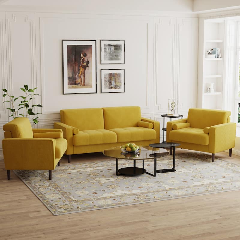 3-Piece Corduroy Tufted Club Armchair and Loveseat Set for Living Room - Yellow