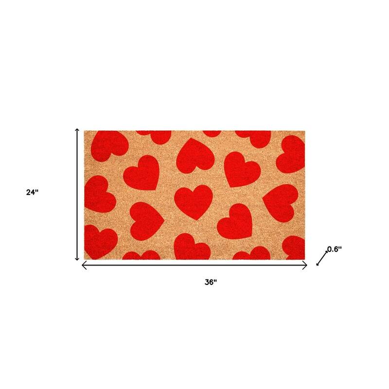 HomeRoots 24" X 36" Brown And Red Hearts Outdoor Coir Door Mat - 24.00' X '36.00